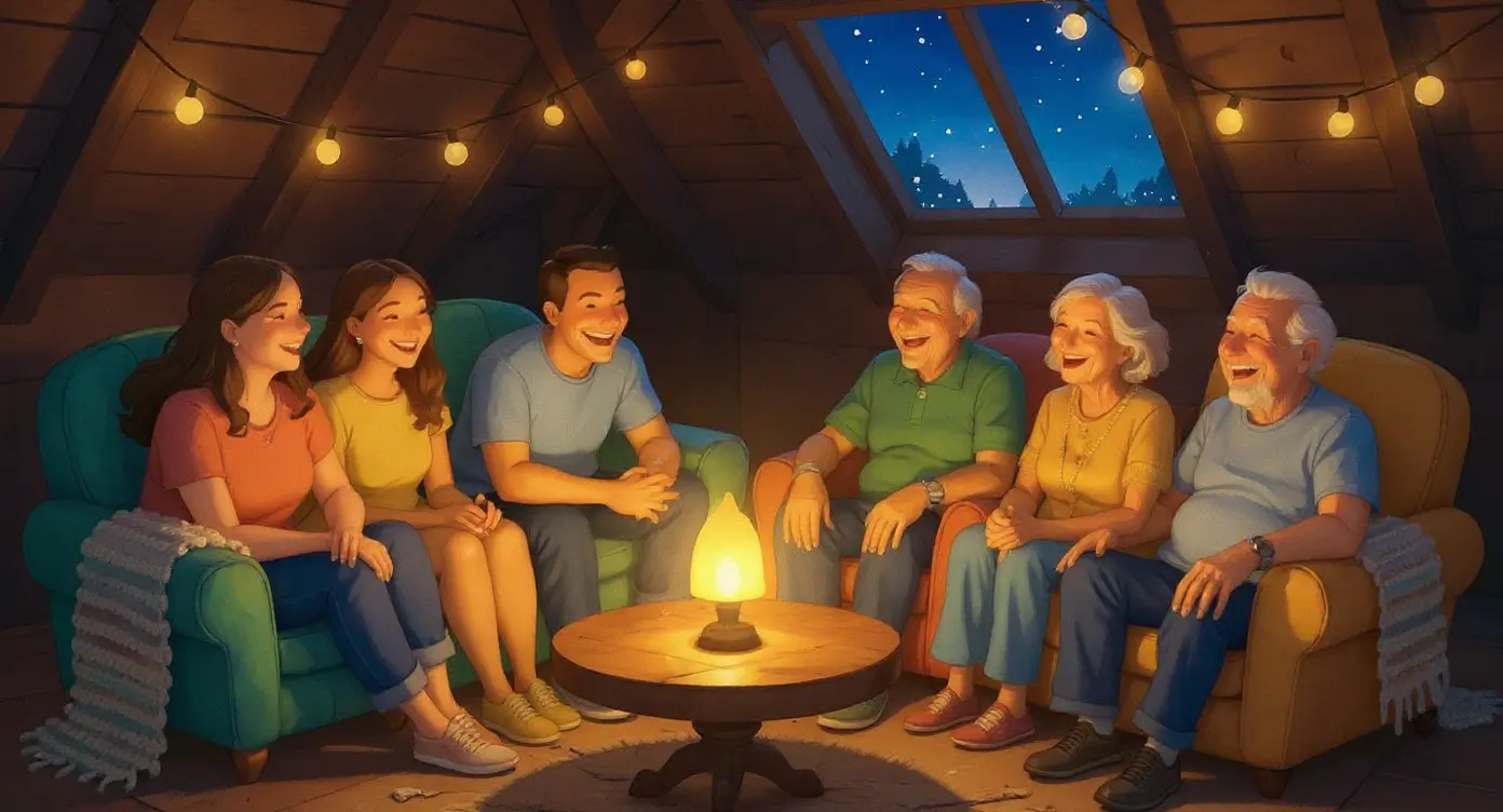 Six people of varying ages sit in an attic at night, gathered around a small lamp, smiling and talking. String lights and a window with a starry sky are visible in the background, representing found family affirmations