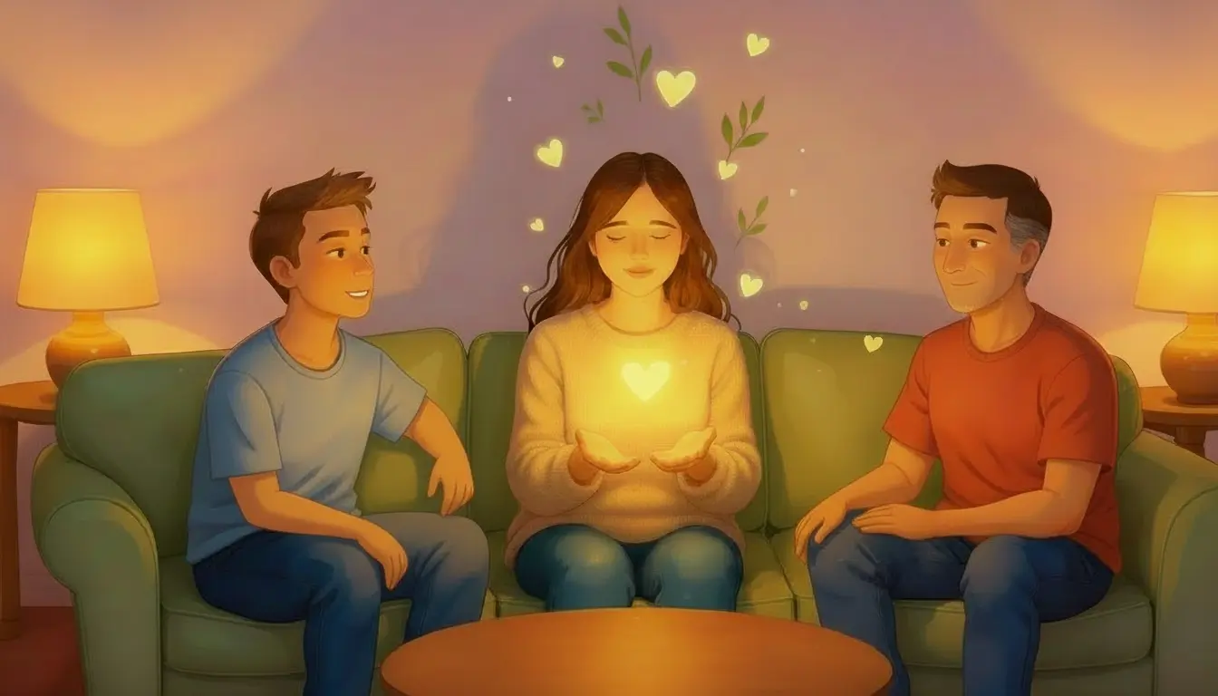 Three people sit on a couch in a warmly lit room; the woman in the center holds a glowing heart as the two men look at her, with heart shapes floating around, representing How to Deal with Family Drama Like a Grown-Up