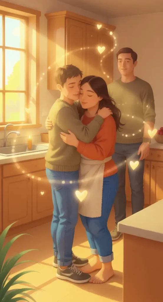 A boy and a woman embrace in a sunlit kitchen with heart symbols around them, while a man stands nearby, smiling, representing How to Deal with Family Drama Like a Grown-Up - portrait