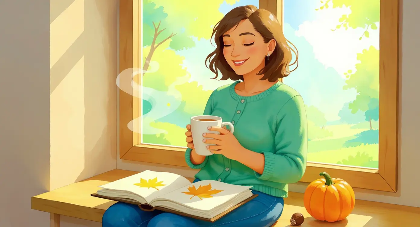 A woman sits by a sunny window holding a mug, with an open book, a pumpkin, and an acorn on the bench beside her, representing How to Handle Grief at Thanksgiving