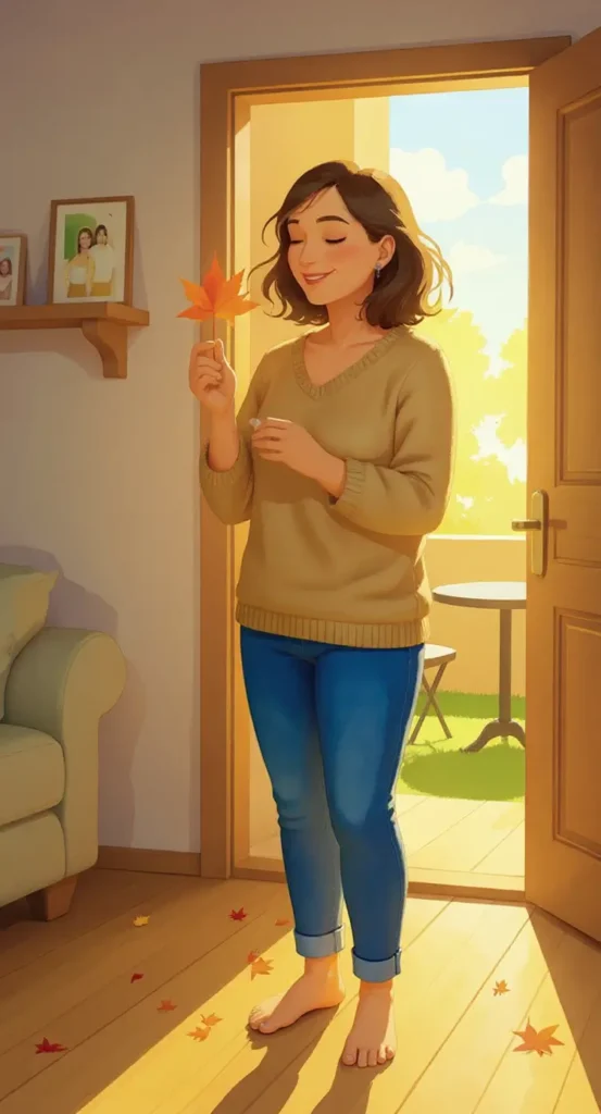 A woman stands barefoot indoors holding a maple leaf, with sunlight streaming through an open door and autumn leaves scattered on the floor, representing How to Handle Grief at Thanksgiving