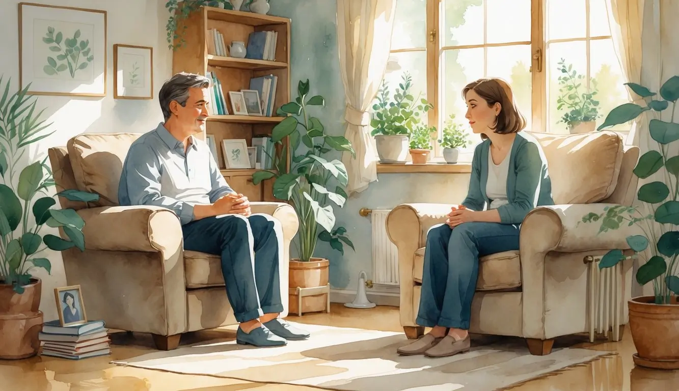 A man and a woman sit facing each other in armchairs, talking in a sunlit living room with plants, bookshelves, and large windows representing How to deal with a difficult family member