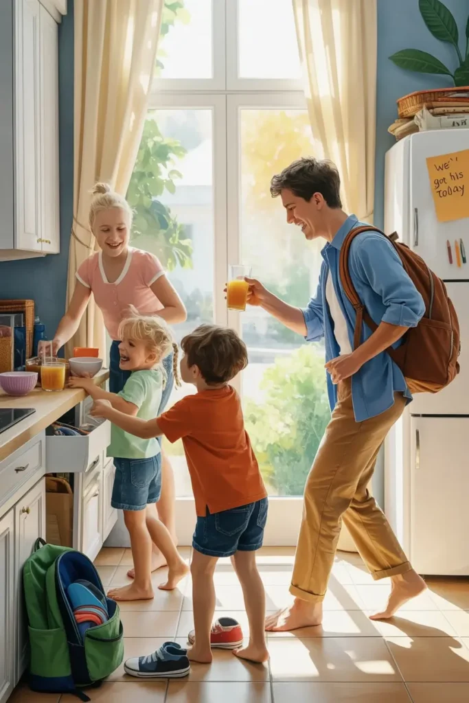 A family of four stands in a sunlit kitchen, smiling as they prepare breakfast together; a man holds a glass of orange juice, and school bags are on the floor, representing morning affirmations for family