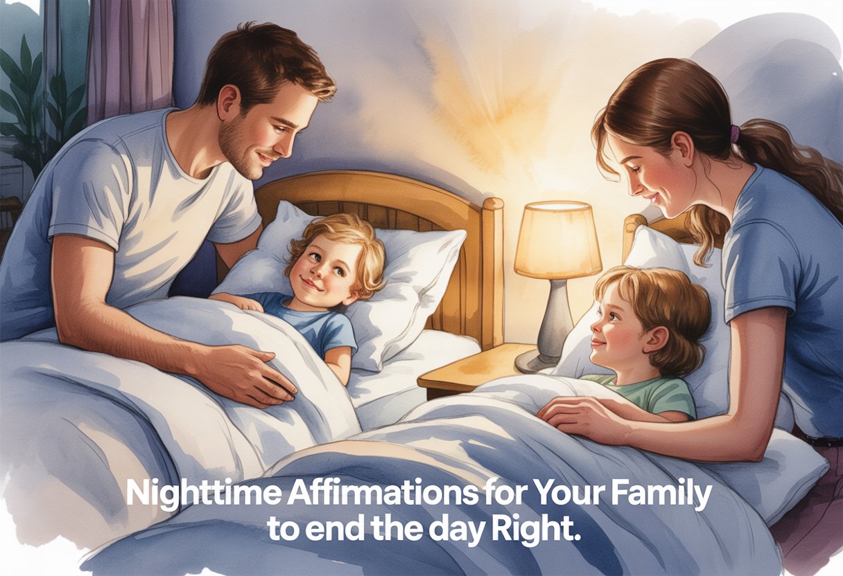 A family of four sits together in a warmly lit bedroom, two children tucked in bed, as the parents smile and talk with them. Text reads: “Nighttime Affirmations for Your Family to end the day Right.”. Representing Nighttime affirmations for your family