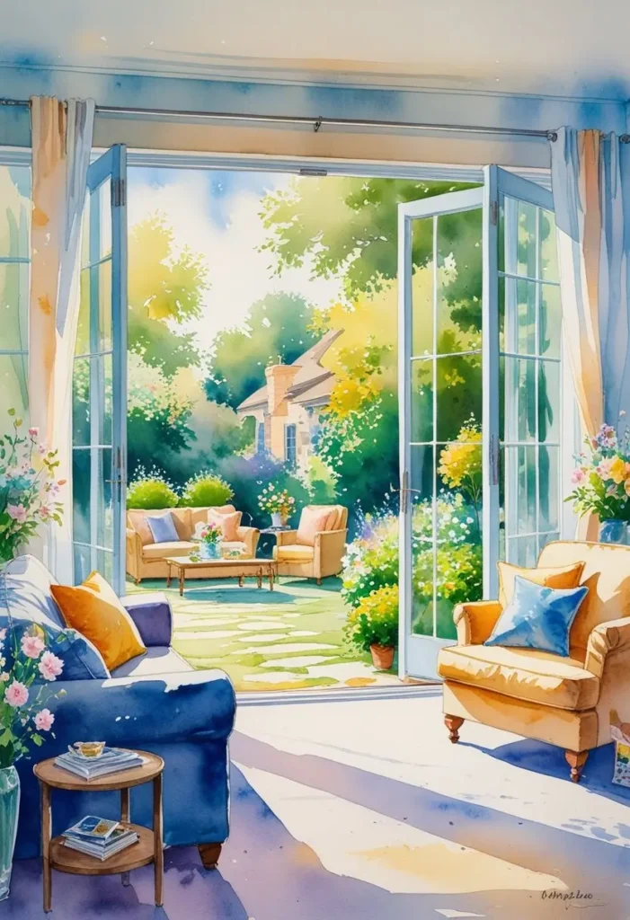 Sunlit living room with comfortable chairs opens to a garden patio with outdoor seating, surrounded by lush greenery and blooming flowers representing Positive Energy in Your Home for Family Harmony 
