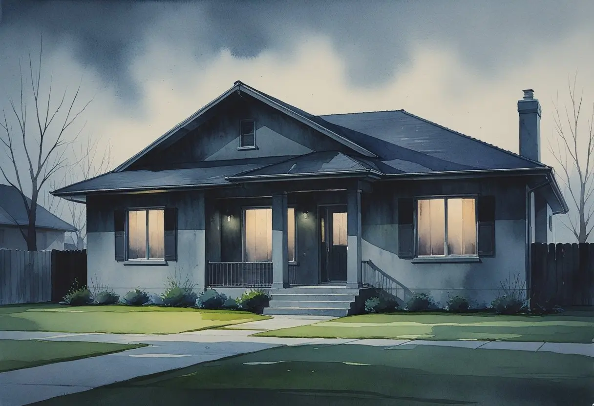 A single-story house with lit windows at dusk, surrounded by a lawn and leafless trees under a cloudy sky representing Signs of Negative Energy in Your Home