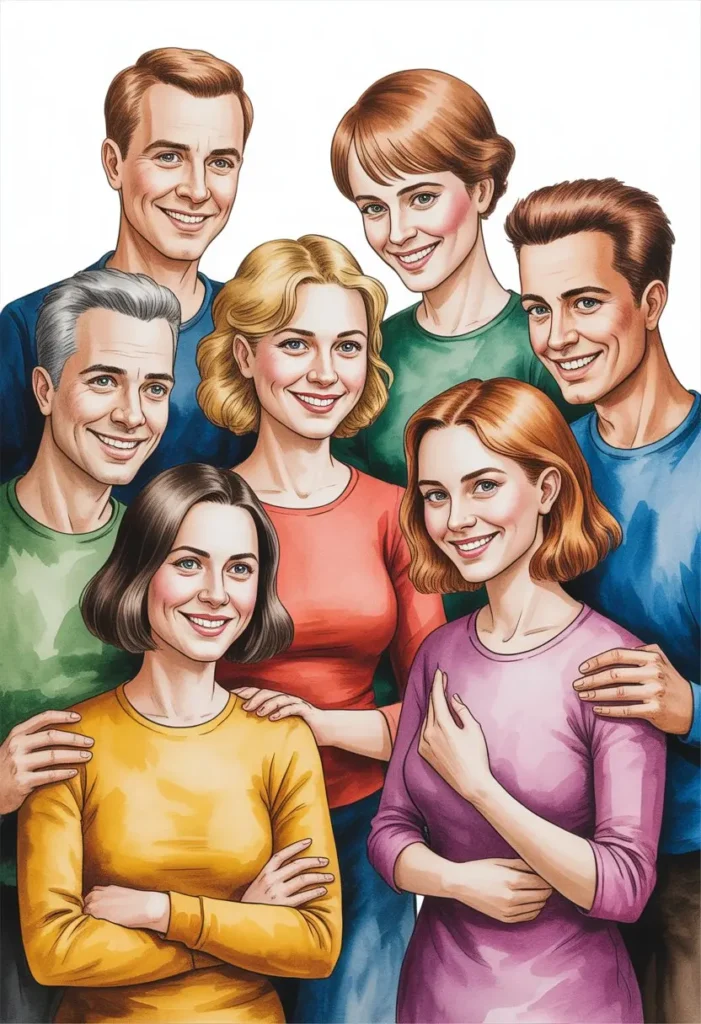 A group of seven adults, four women and three men, stand close together smiling at the camera against a white background representing soul family affirmations