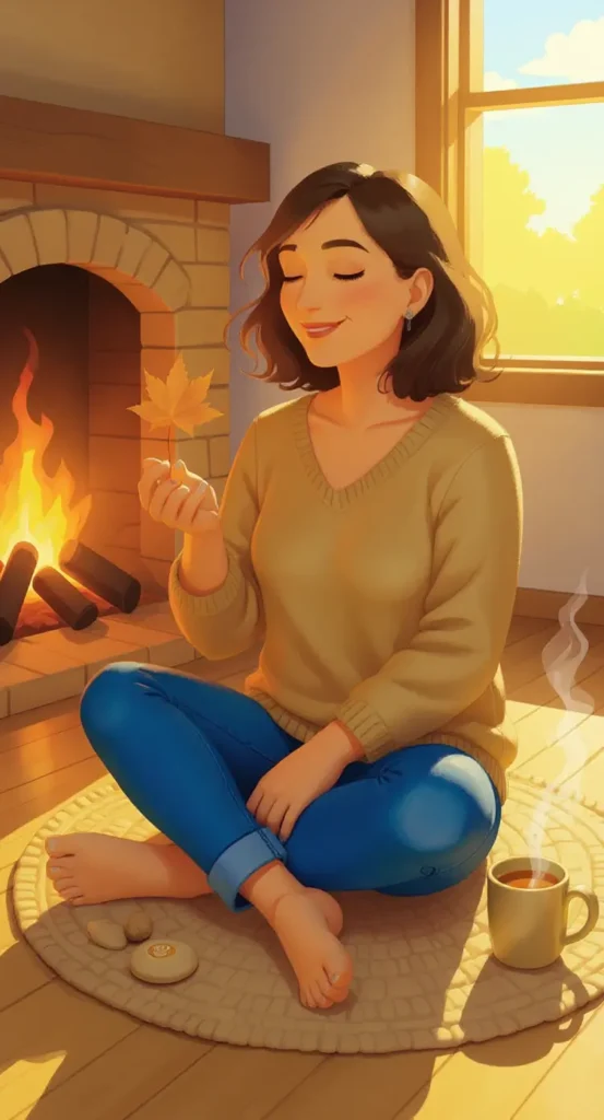 A woman sits cross-legged on a rug by a fireplace, holding a maple leaf, with cookies and a steaming mug beside her in a sunlit room, representing Thanksgiving Mindfulness Activities