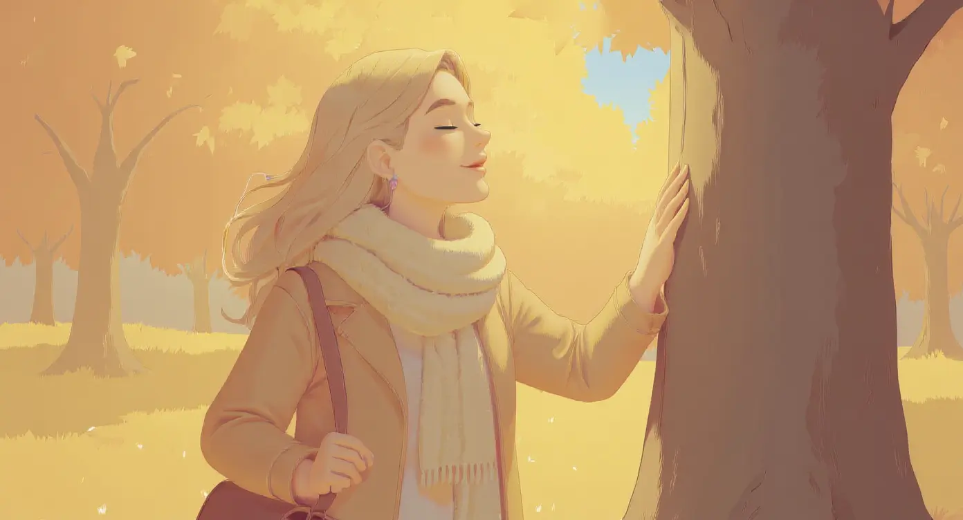 A woman with a scarf gently touches a tree trunk in a sunlit autumn forest, surrounded by yellow leaves, representing Thanksgiving Self-Care