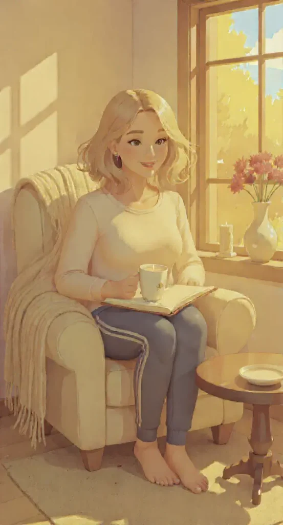 A woman sits barefoot in an armchair by a sunlit window, holding a cup and a book. A blanket, flowers in a vase, and a candle are on a small table beside her, representing Thanksgiving Self-Care