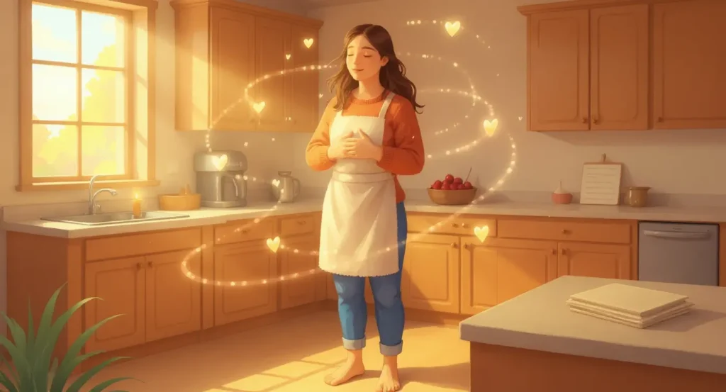 A woman in an apron stands barefoot in a sunny kitchen, surrounded by glowing heart symbols and sparkles, with her hands resting on her stomach, representing thanksgiving affirmations