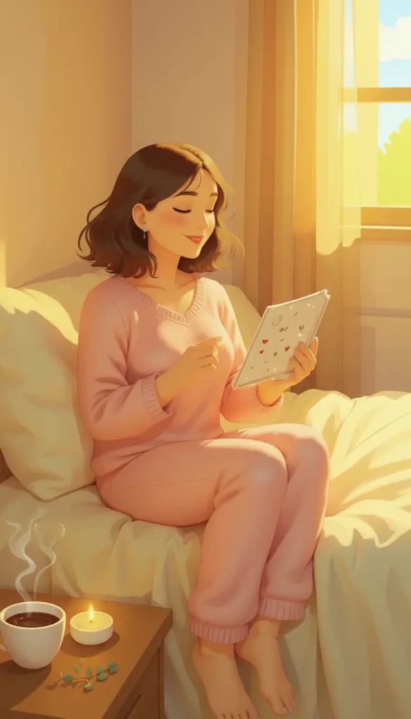 A woman in pink pajamas sits on a bed by a sunny window, reading a notebook. A lit candle, coffee, and snacks are on the bedside table, representing thanksgiving affirmations