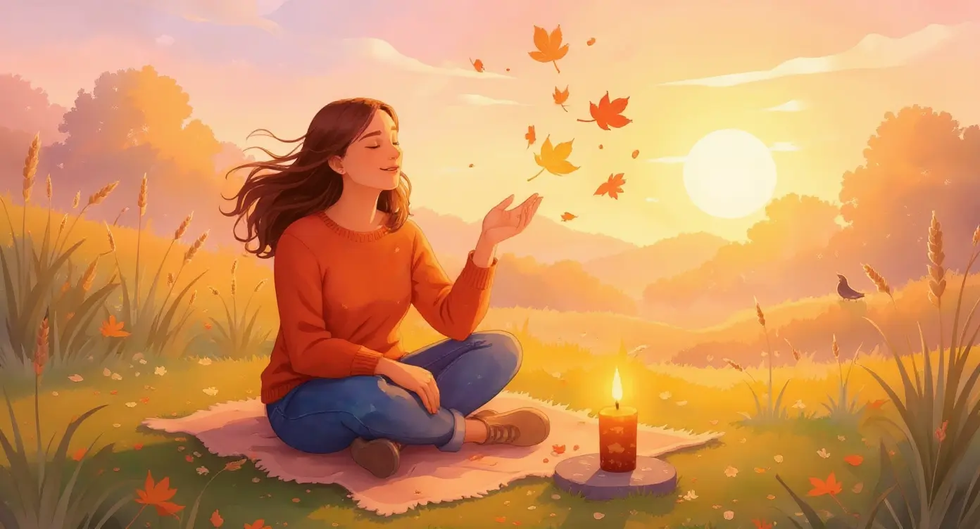 A woman sits cross-legged on a blanket outdoors at sunset, with autumn leaves floating from her hand and a lit candle beside her representing affirmations for grief at Thanksgiving