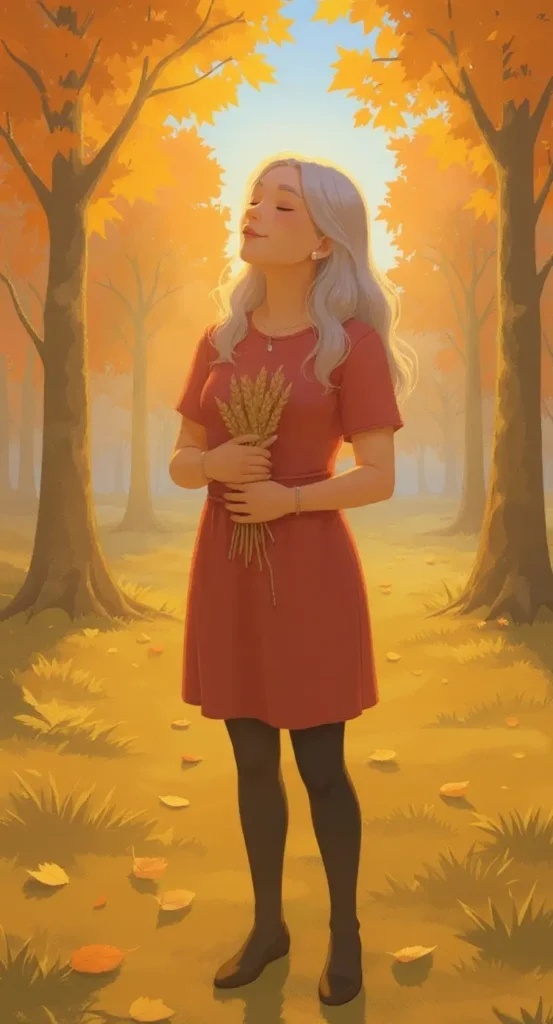 A woman in a red dress holds wheat stalks while standing in a sunlit autumn forest with golden leaves covering the ground, representing affirmations for grief at Thanksgiving