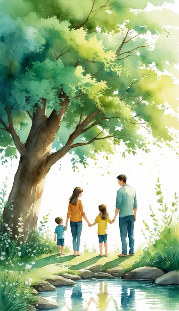 A family of four stands by a tree near a stream, holding hands and looking into the distance on a sunny day.