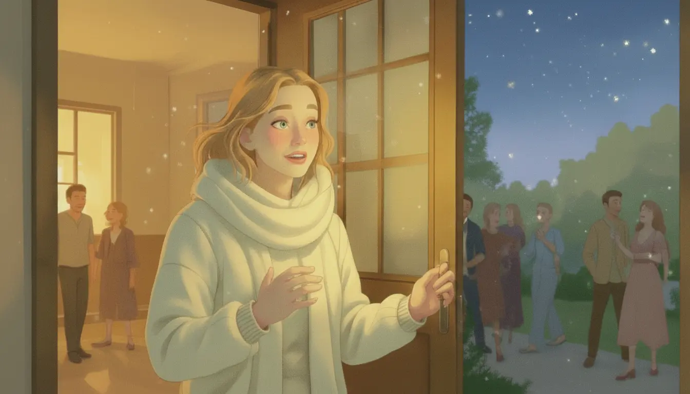 A woman in a white scarf stands at an open door, looking surprised. Behind her, people are talking indoors and outside under a starry evening sky, representing Affirmations for social anxiety