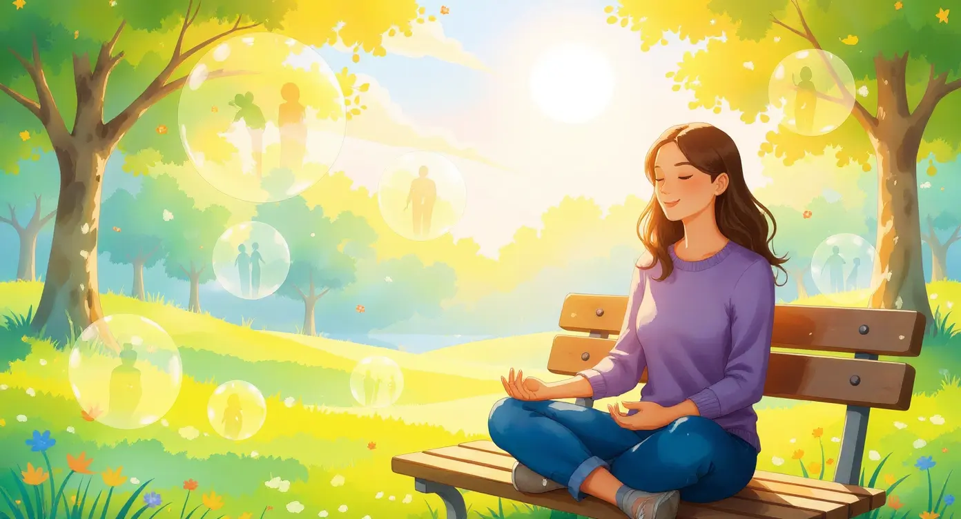 A woman sits cross-legged on a park bench meditating, surrounded by trees, sunlight, and translucent bubbles with silhouettes of people inside them, representing Can Meditation Help Social Anxiety