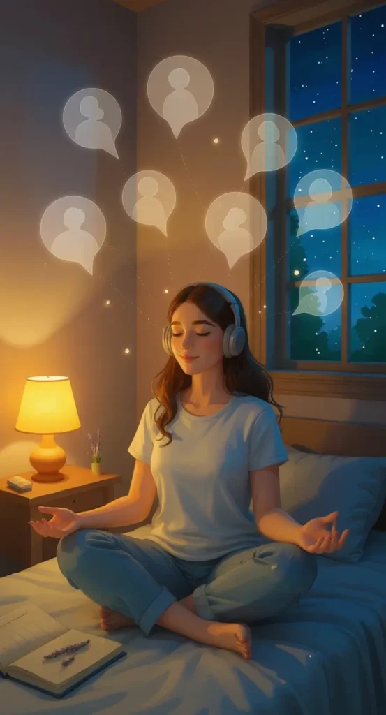 A woman sits cross-legged on a bed, wearing headphones and meditating, with glowing silhouettes and speech bubbles floating above her head in a softly lit room at night, representing Can Meditation Help Social Anxiety