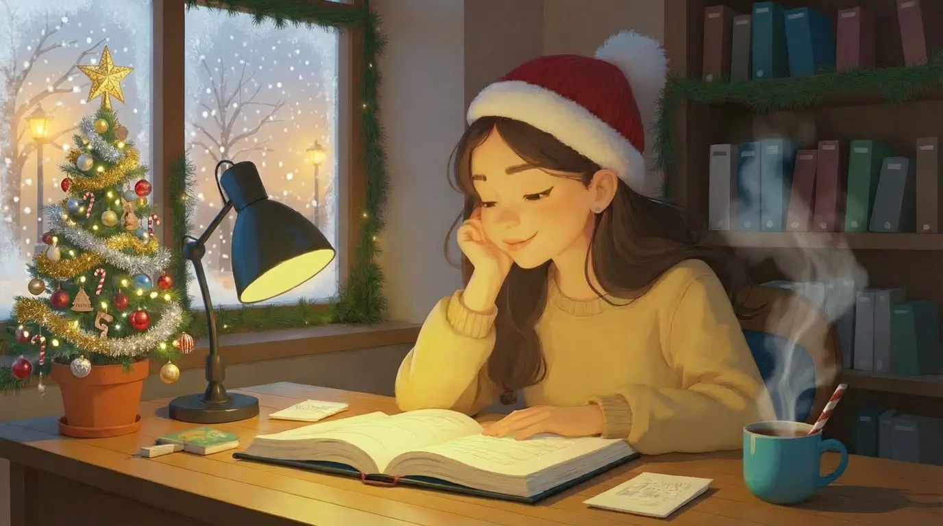 A girl wearing a Santa hat reads a book at a desk beside a Christmas tree, with a steaming mug and snow falling outside the window, representing Christmas Affirmations for Students