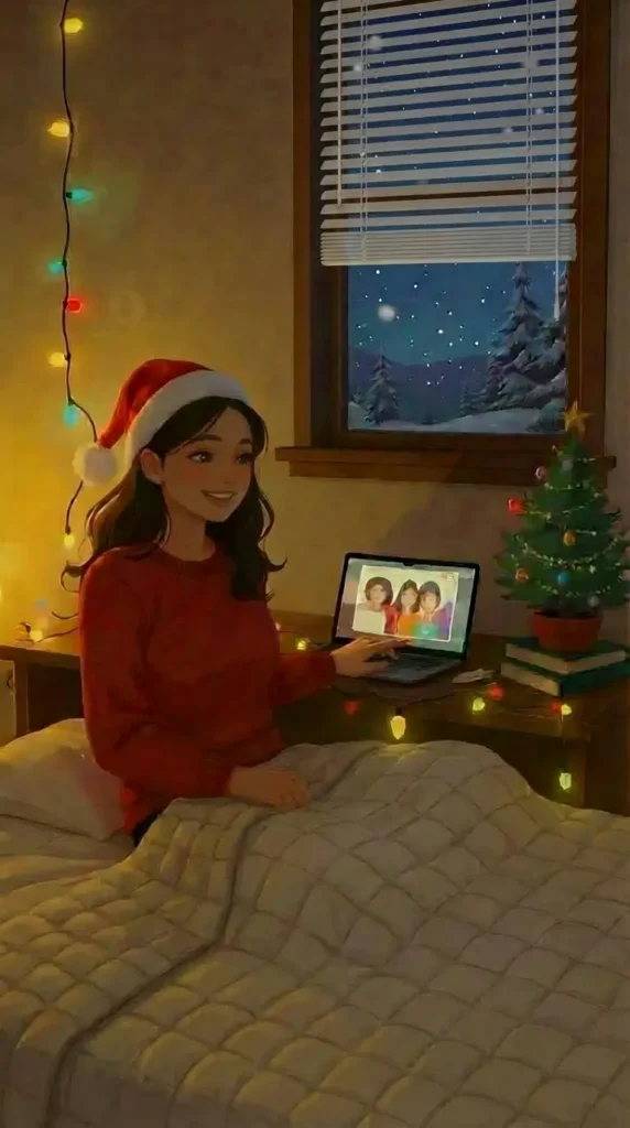 A woman in a Santa hat sits on a bed with Christmas lights, video chatting on a tablet, next to a small decorated tree by a window showing a snowy night scene, representing Christmas Affirmations for Students