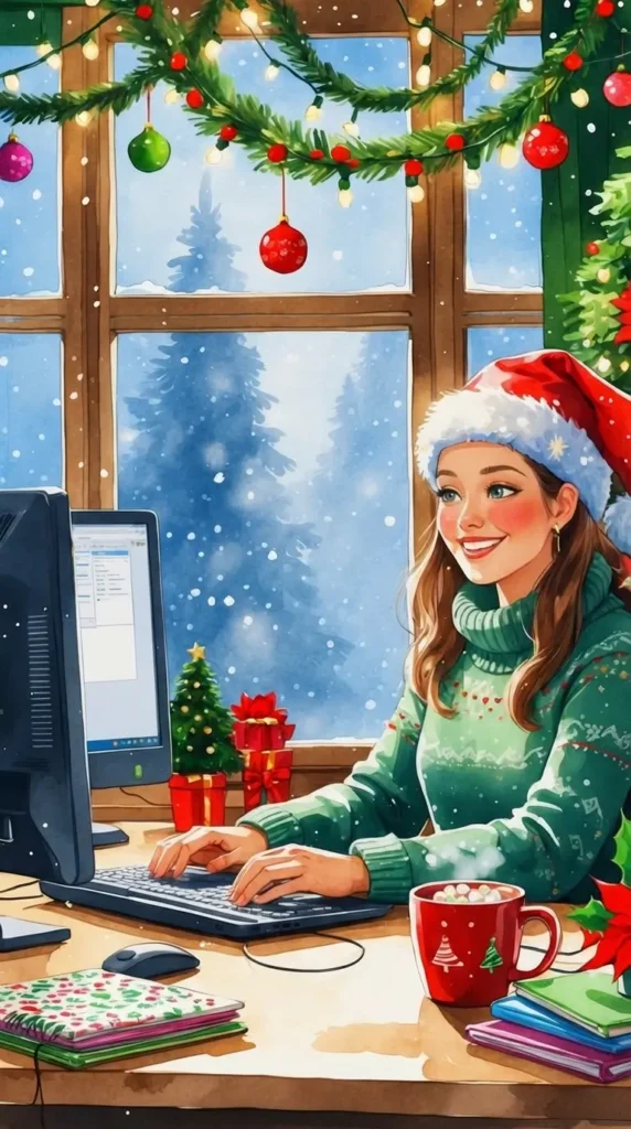 A woman in a Santa hat and green sweater types at a computer in a decorated office with Christmas ornaments, gifts, and a mug, while snow falls outside the window, representing Christmas Affirmations for Work