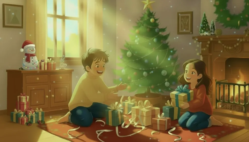 Two children sit on a rug by a decorated Christmas tree, exchanging wrapped gifts in a warmly lit living room with a fireplace and holiday decorations, Christmas Affirmations for kids