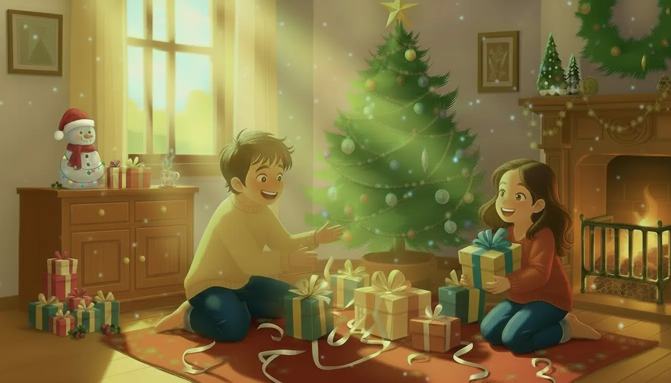 Two children sit on a rug by a decorated Christmas tree, exchanging wrapped gifts in a warmly lit living room with a fireplace and holiday decorations, Christmas Affirmations for kids