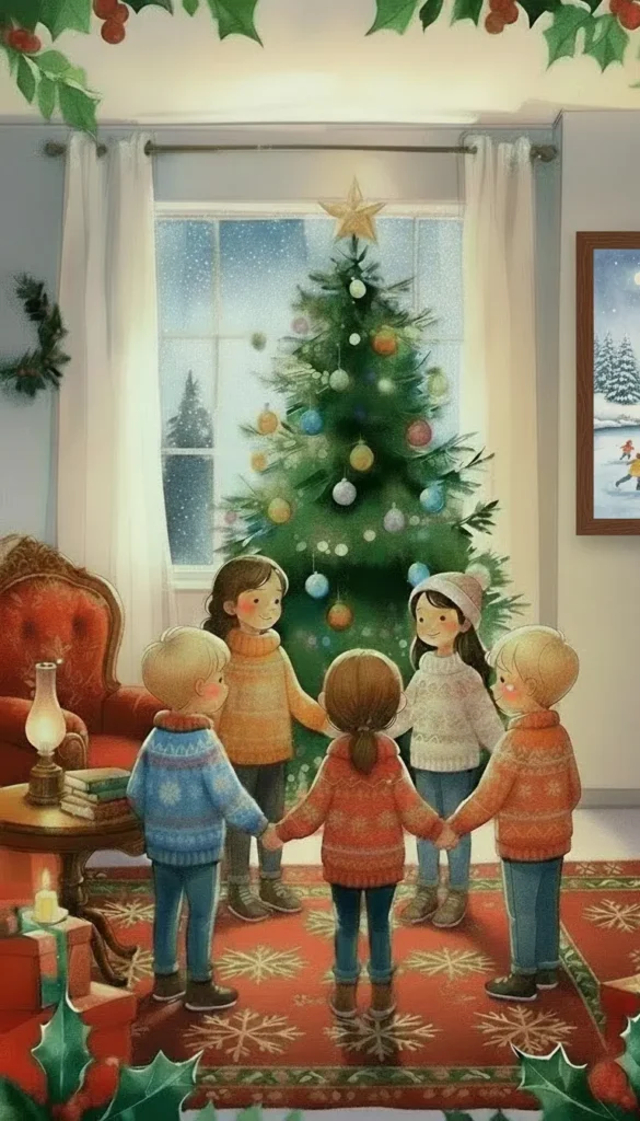 Five children in sweaters stand in a circle holding hands in front of a decorated Christmas tree in a cozy living room with holiday decorations, representing Christmas Affirmations for kids