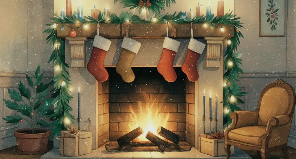 A decorated fireplace with four stockings, garland, candles, and string lights; a fire burns, gifts and a potted tree sit nearby, and an armchair is on the right, representing Christmas Eve Affirmations