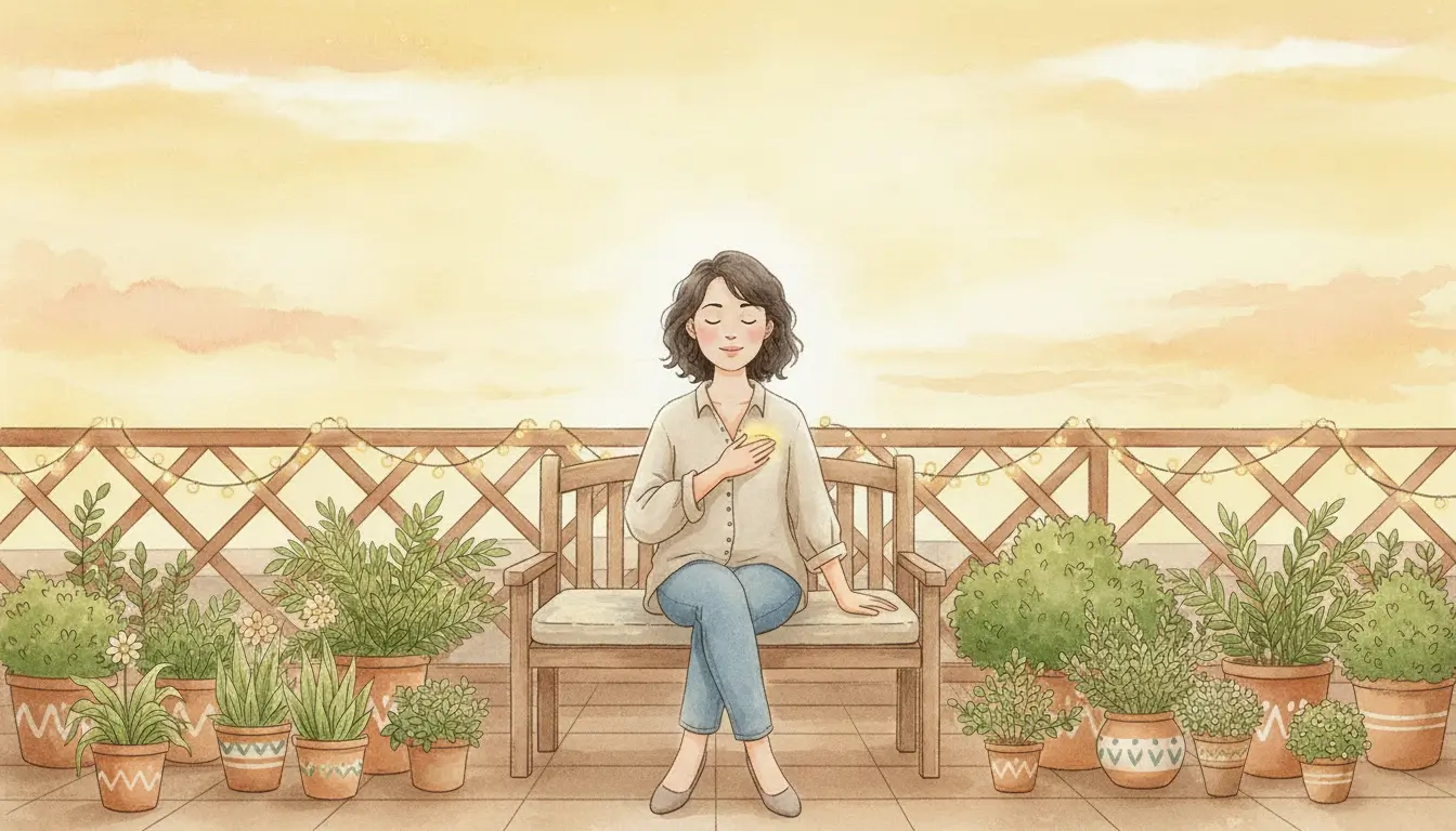 A woman sits on a bench with her eyes closed, holding her hand to her chest, surrounded by potted plants on a terrace at sunset, representing Easy Mindfulness Exercises for Social Anxiety