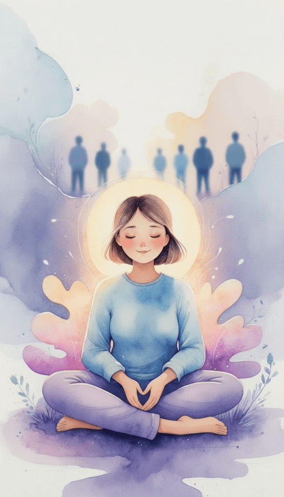 A woman sits cross-legged meditating with a peaceful expression, surrounded by soft colors, with blurred figures in the background, representing self-compassion for social anxiety