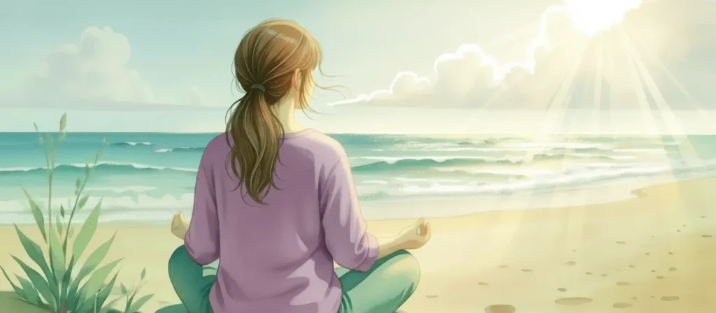 A woman sits cross-legged on a beach facing the ocean, meditating under the sunlight with waves and clouds in the background, epresenting Gratitude practice for social anxiety