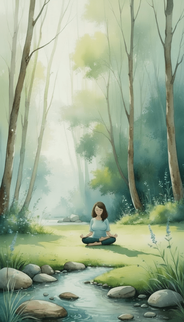 A woman sits cross-legged and meditates by a small stream in a sunlit forest clearing, surrounded by tall trees and grass, representing Grounding techniques for social anxiety