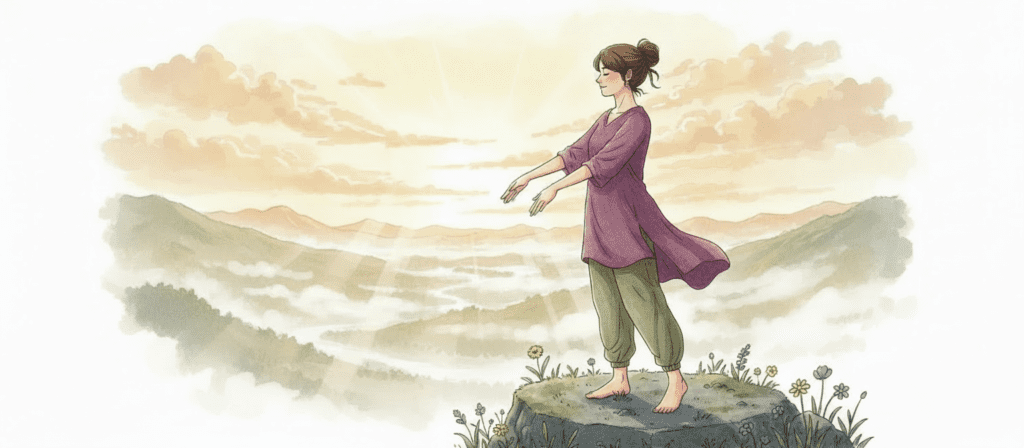 A woman stands barefoot on a rock in a grassy area, facing sunrise over misty mountains with her arms slightly raised and eyes closed, epresenting Grounding techniques for social anxiety