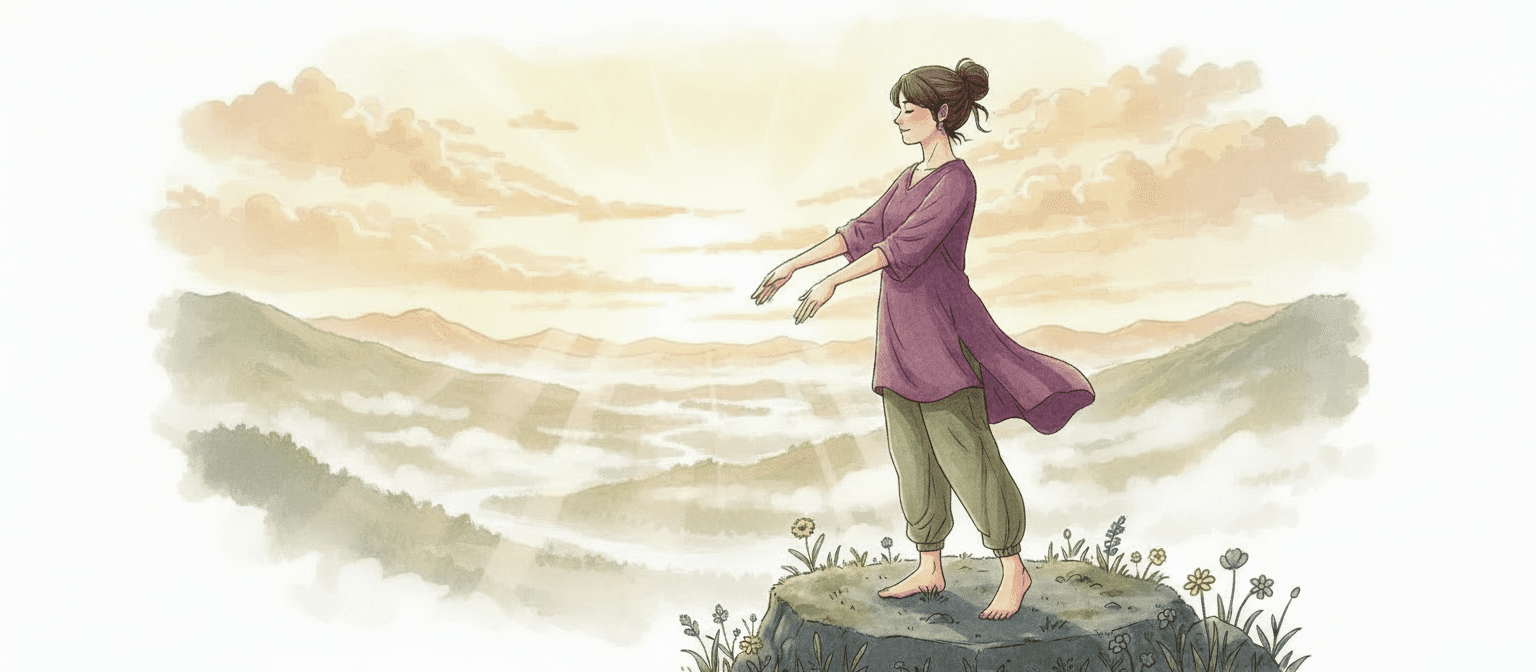 A woman stands barefoot on a rock in a grassy area, facing sunrise over misty mountains with her arms slightly raised and eyes closed, epresenting Grounding techniques for social anxiety