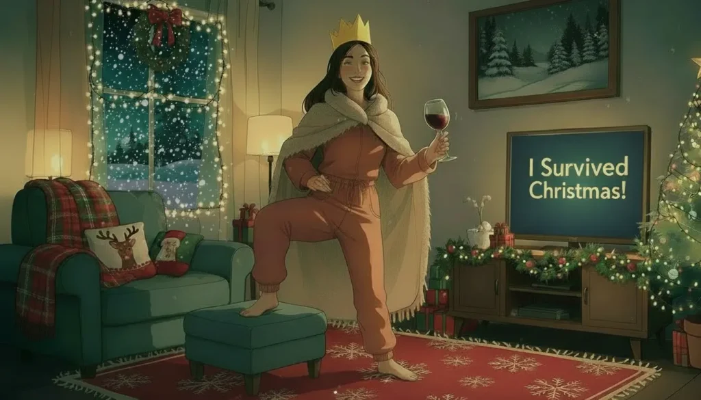 A woman in pajamas and a crown stands with one foot on a stool, holding wine, in a festive living room. A TV displays the message "I Survived Christmas!.