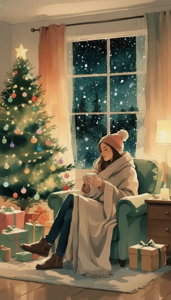 A woman sits in an armchair wrapped in a blanket, drinking from a mug beside a decorated Christmas tree and presents, with snow falling outside the window, representing how I survived Christmas