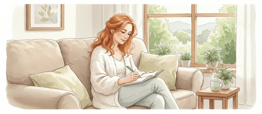 A woman sits on a sofa in a bright living room, writing in a notebook. She is surrounded by cushions, houseplants, a mug, and a window with a view of trees and mountains, representing Journaling for social anxiety