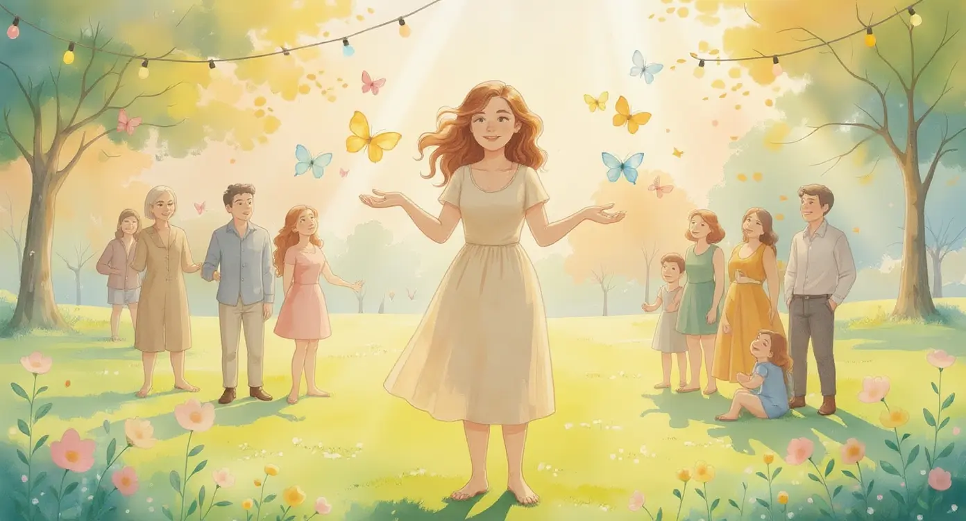 A woman stands barefoot on grass surrounded by butterflies, with several people, including children and adults, gathered in a sunlit, flower-filled park, representing Manifestation for Social Confidence