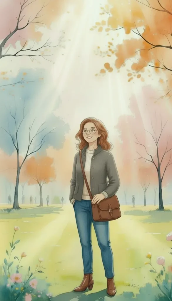 A woman with glasses stands in a sunlit park wearing a gray jacket, jeans, brown boots, and a brown shoulder bag. Autumn trees and distant figures are in the background, representing Manifestation for Social Confidence