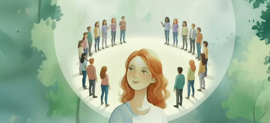 A woman stands in the foreground, while a diverse group of people form a circle in the background within a light, abstract, outdoor setting representing Mindset Shifts for Social Anxiety