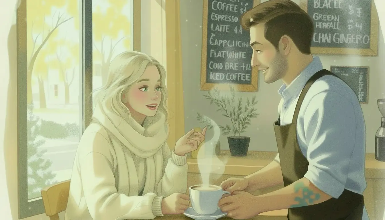 A woman in a white sweater sits at a café table with a cup of coffee while a barista hands her another cup; a menu board is visible in the background, representing Positive Habits for Social Anxiety