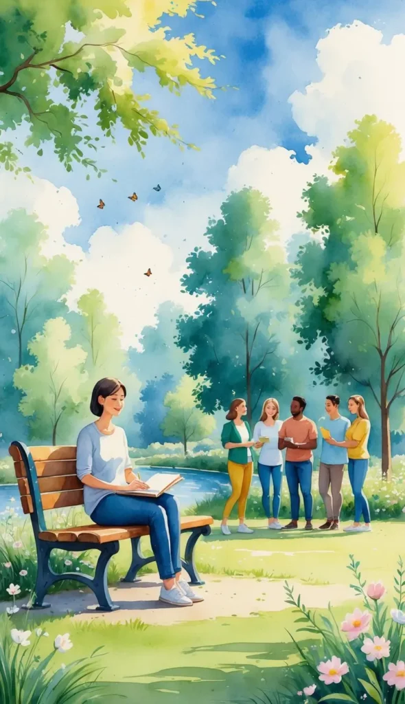 A woman sits on a park bench reading a book while a group of five people stand talking nearby among trees and flowers under a blue sky, representing Positive Habits for Social Anxiety