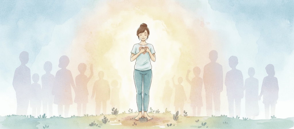 A woman stands barefoot with hands over her heart, surrounded by a glowing light, while shadowy figures stand in the background, representing Self-Compassion for Social Anxiety