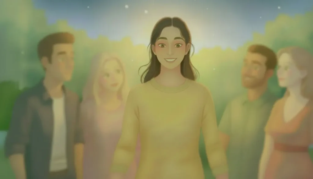 An animated woman in a yellow shirt stands smiling in the foreground, with three men and one woman blurred in the background against a green, outdoor setting representing Visualization for Social Anxiety