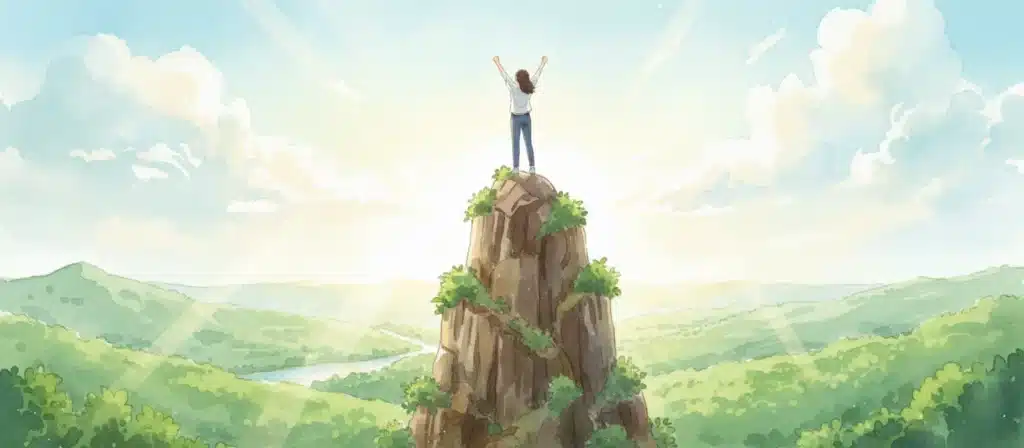 A person stands triumphantly on top of a rocky peak, arms raised, overlooking a sunlit landscape with green hills and a river in the distance, representing Affirmations to Manifest