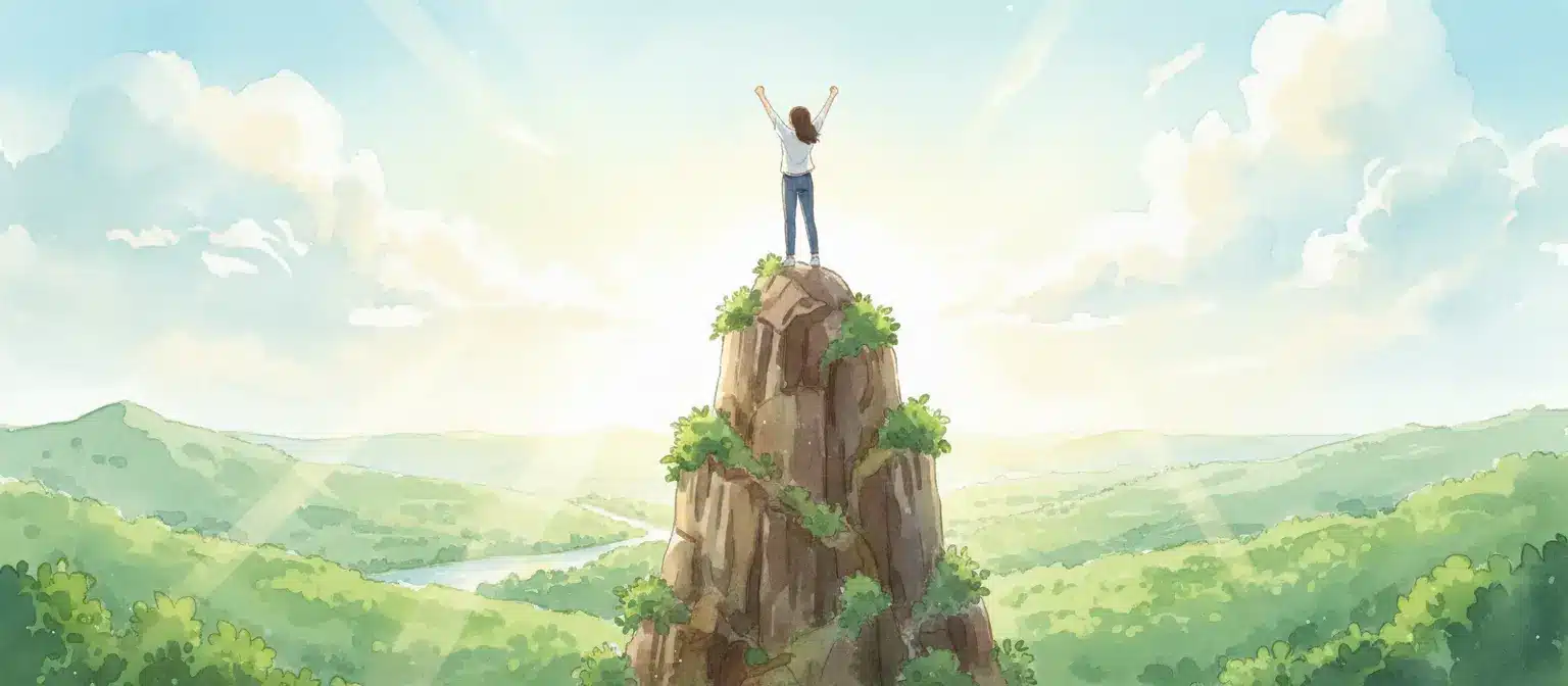 A person stands triumphantly on top of a rocky peak, arms raised, overlooking a sunlit landscape with green hills and a river in the distance, representing Affirmations to Manifest