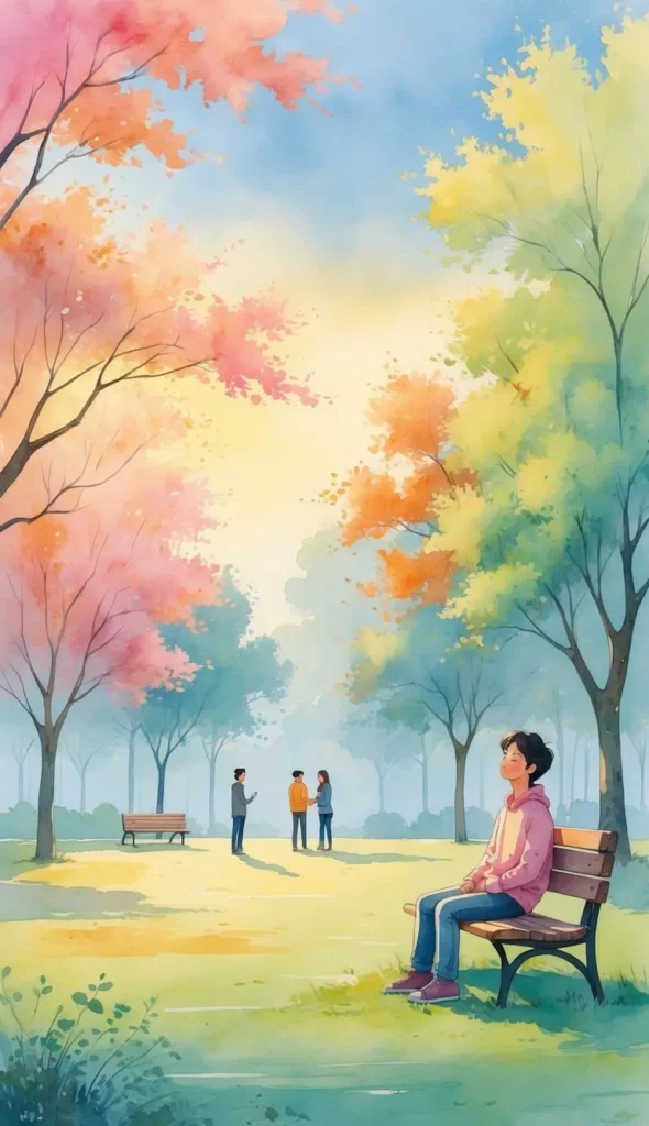 A person sits alone on a park bench under colorful trees, while three people stand and talk together in the background, representing No categories	Visualization for Social Anxiety