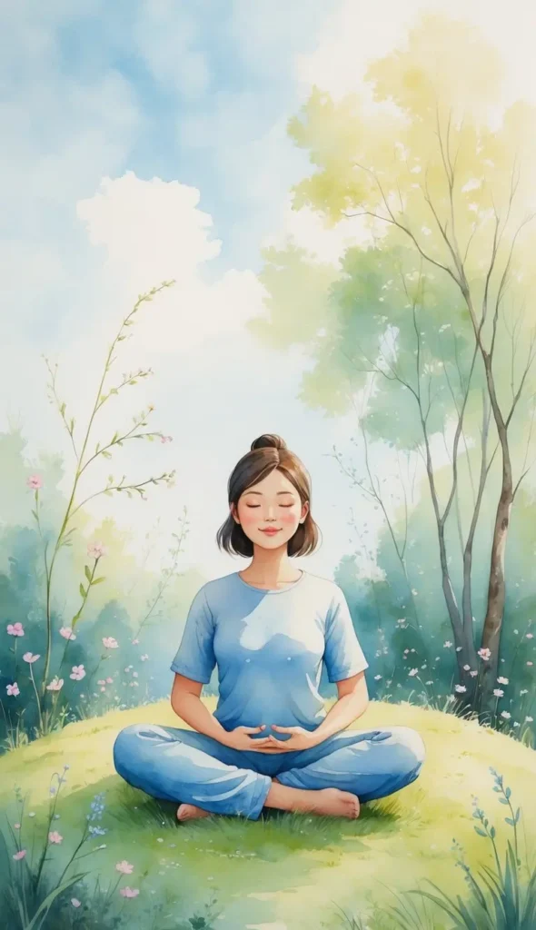 A woman sits cross-legged on grass, eyes closed and hands on her lap, meditating outdoors in a sunlit, peaceful, natural setting with trees and wildflowers, representing Social Anxiety Related Articles Here's a list of some other articles on the subject of Social Anxiety: Manifestation for Social Confidence – Simple Daily Steps Affirmations for Social Anxiety That Actually Calm You Down, representing Easy Mindfulness Exercises for Social Anxiety 