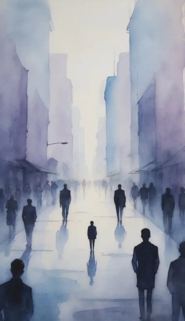 Watercolor A solitary person standing alone in a blurred crowd of moving people, representing Visualization for Social Anxiety